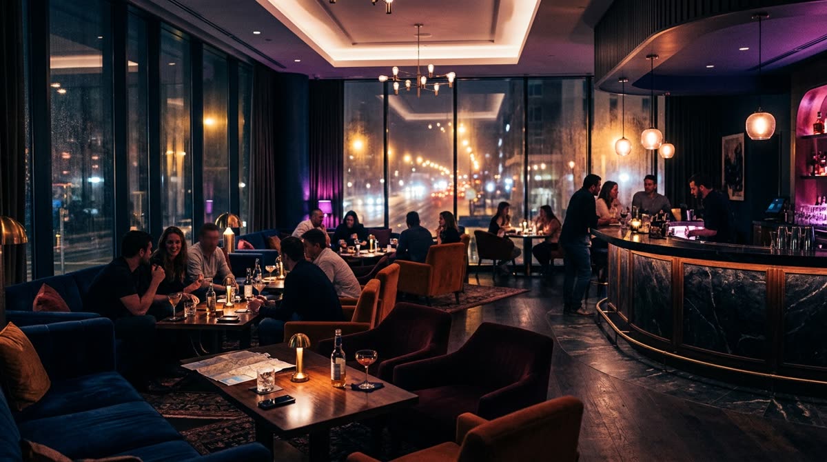 A dim hotel lounge at night with velvet seating and tall windows showing distant city lights.