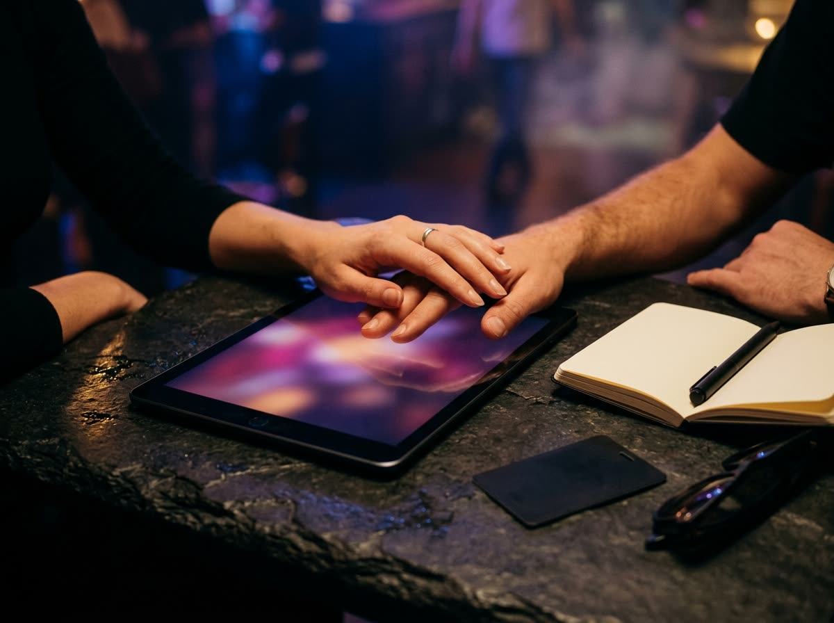 Hands resting over a tablet beside a blank notebook, pen and sunglasses on a dark counter.