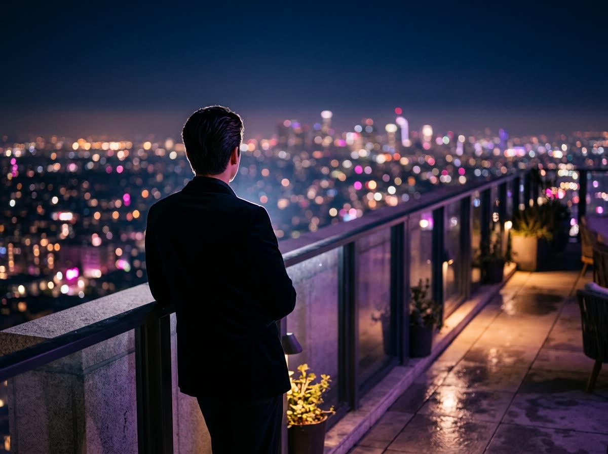 A person in evening clothes seen from behind at a rooftop railing above blurred city lights.