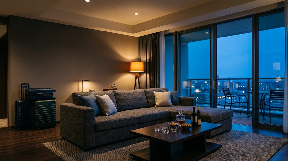 A hotel suite at dusk with a sofa, low table and open balcony door above a glowing city.