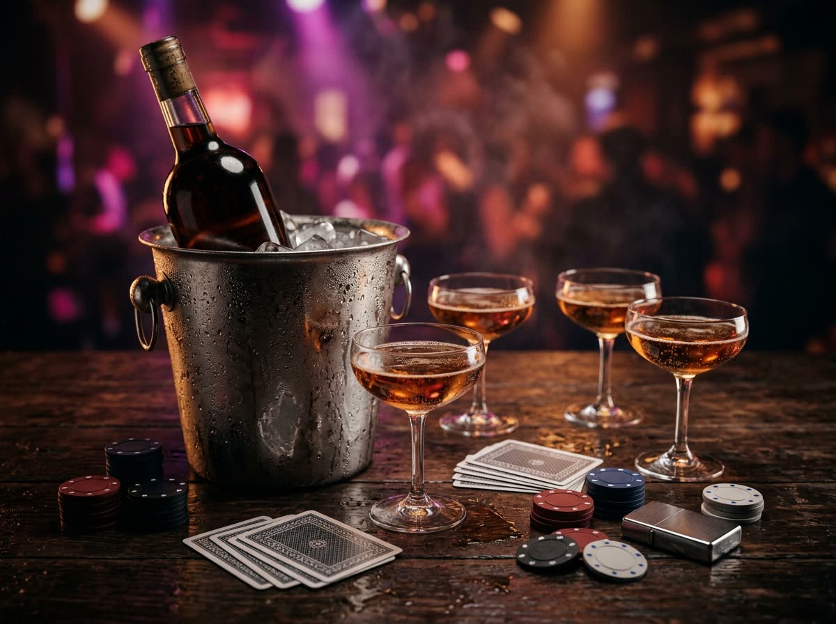 An ice bucket, coupe glasses and face-down playing cards on a dark table.