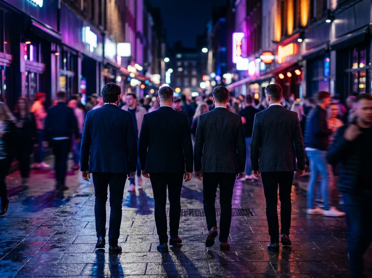 A group of men in jackets walking away down a neon-lit sidewalk at night.