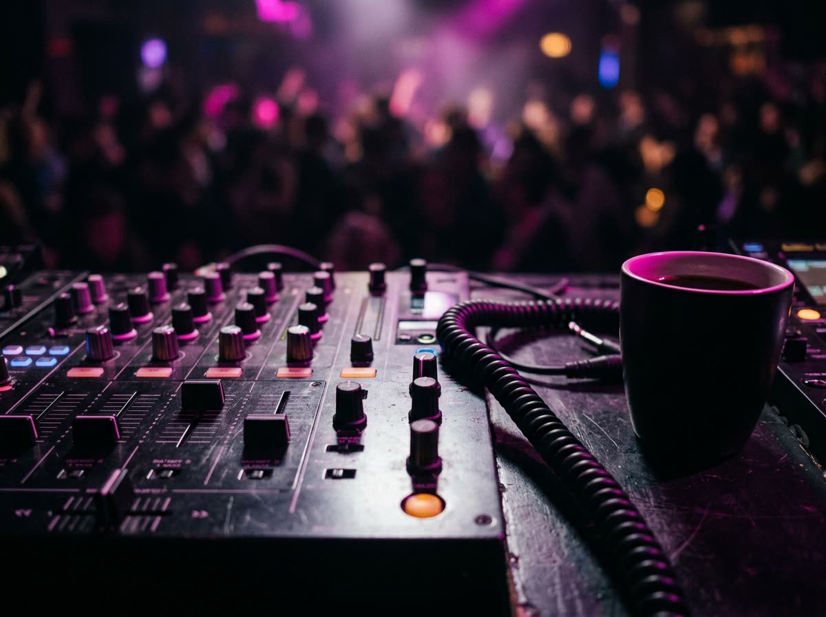 Close view of a DJ mixer's unmarked faders and glowing knobs in magenta light.