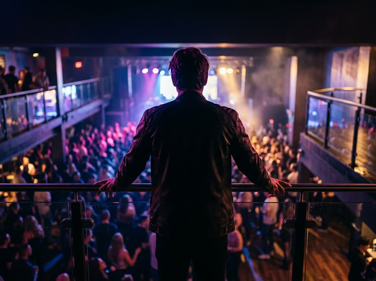 A person seen from behind leaning on a club balcony rail above a blurred crowd.
