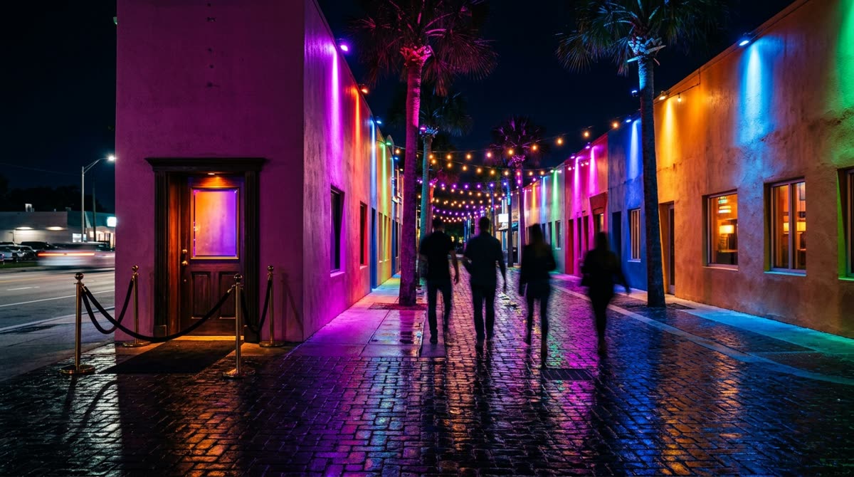 A small nightlife street after dark with plain building fronts lit in rainbow colors.