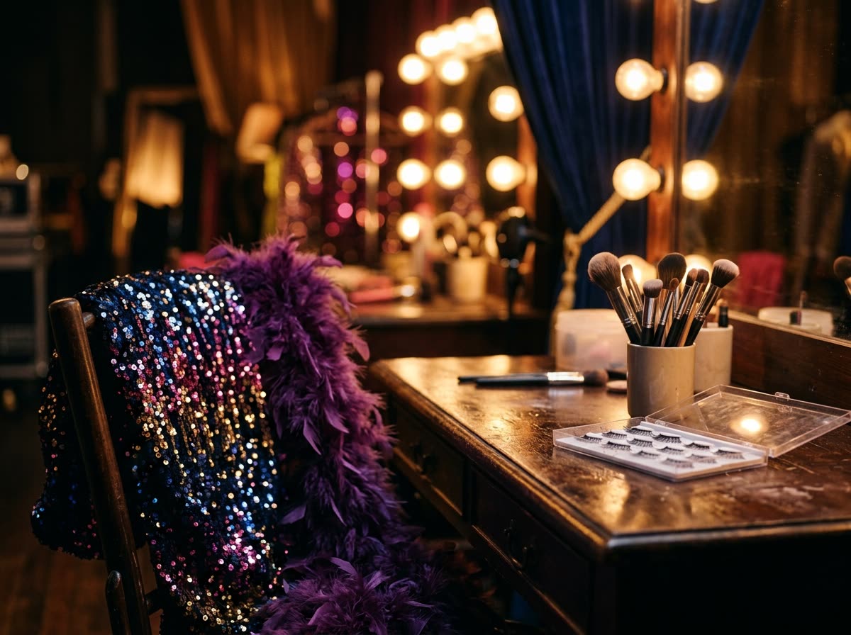 A dressing table with a sequined costume, feather boa and makeup brushes under warm bulbs.