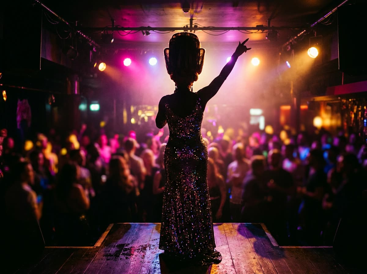 A performer in a sequined gown seen from behind on a small stage in colored light.