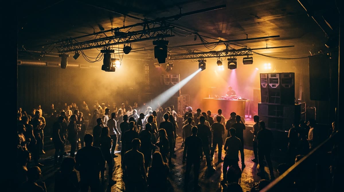 A dark club room with speaker stacks, a raised booth and a crowded dance floor in gold light.