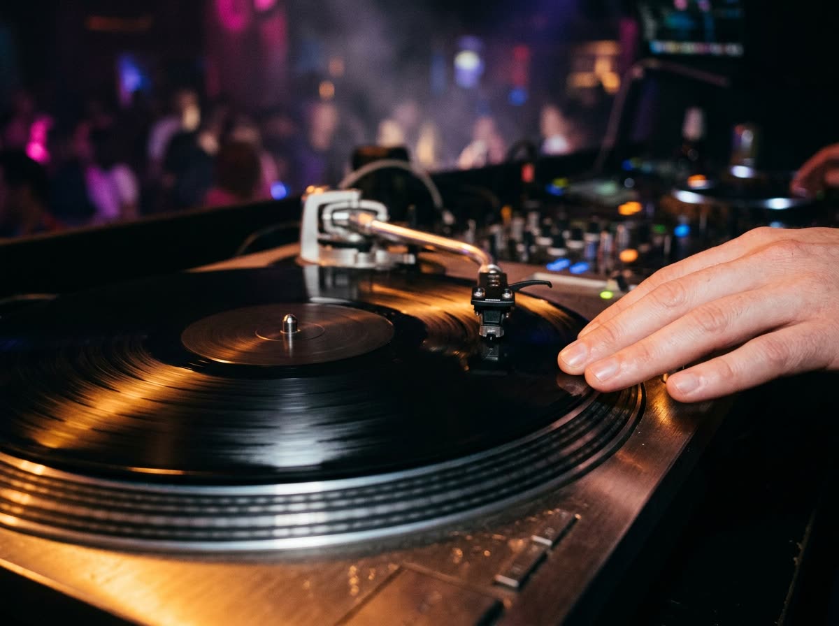 A hand resting on a spinning blank vinyl record beside a turntable tonearm.