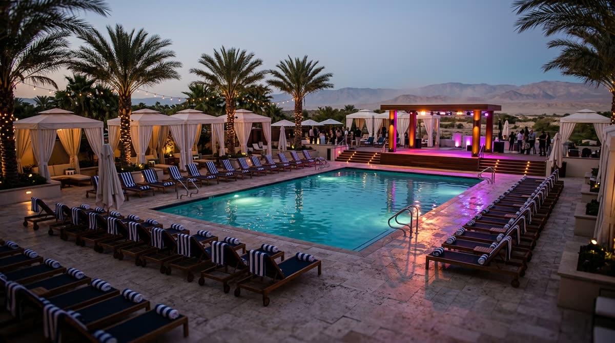 A resort pool deck in daylight with cabanas, rows of loungers and palm trees.