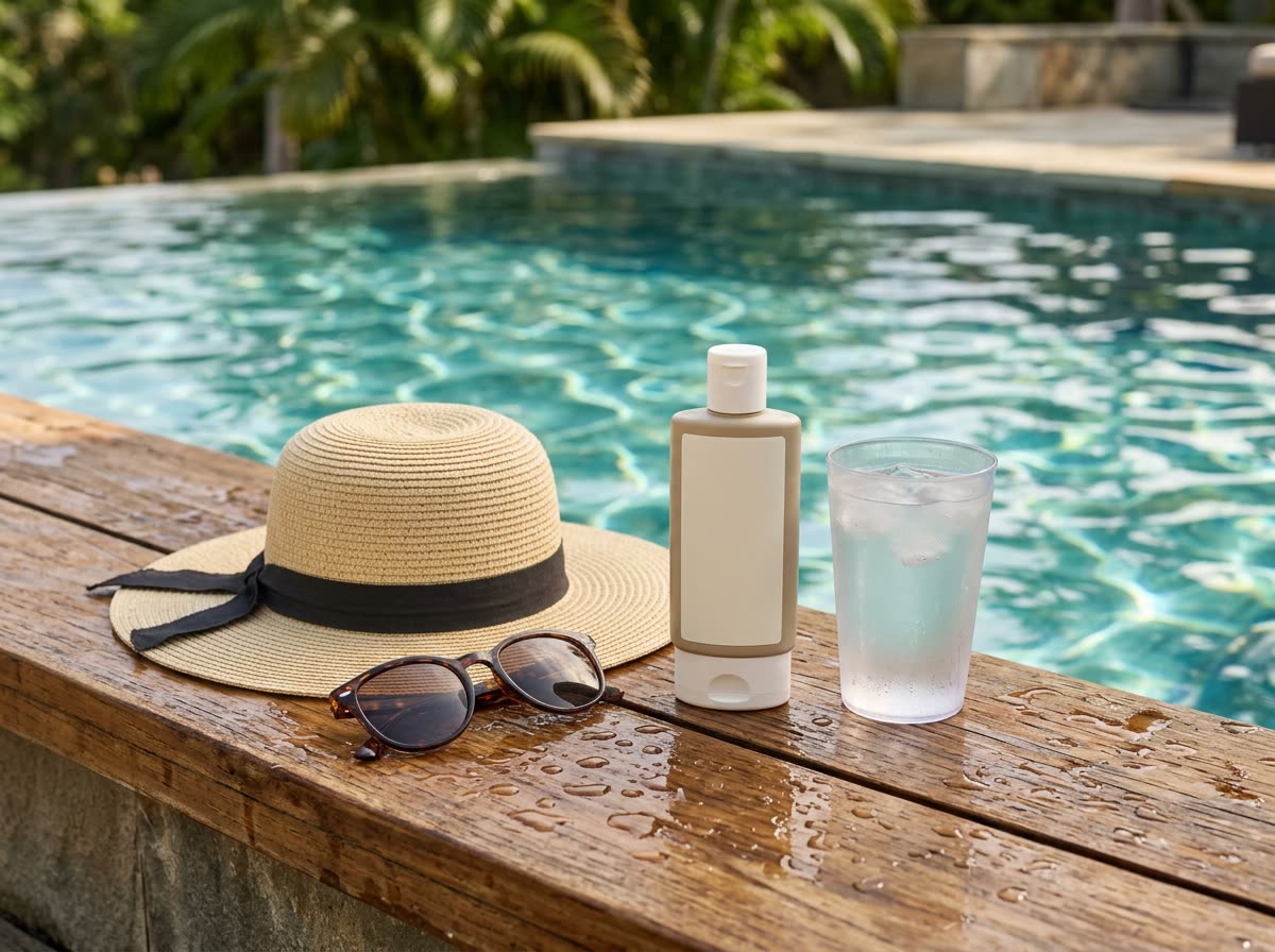 Sunglasses, a straw hat and a plain bottle on a wet poolside ledge beside rippling water.