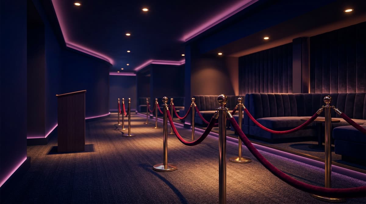 An empty club entrance corridor with velvet ropes, brass stanchions and a blank podium.