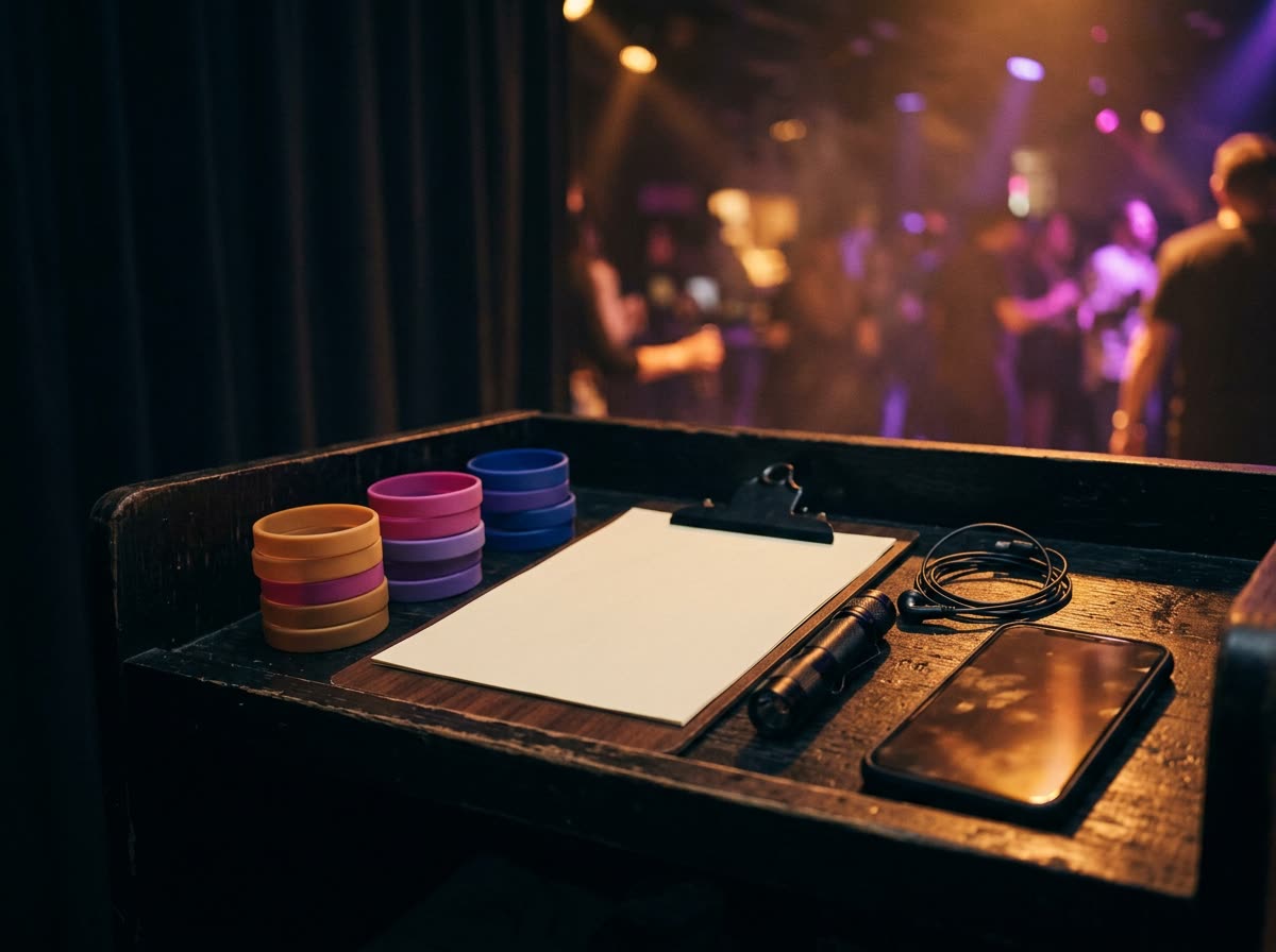 Plain wristbands, a blank clipboard and a face-down phone on a dark podium ledge.