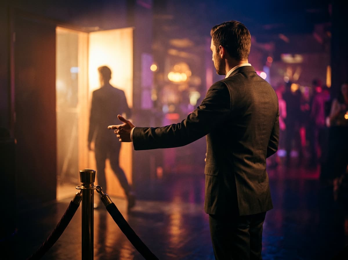 A host in a dark suit, seen from behind, gesturing past a velvet rope toward a lit doorway.