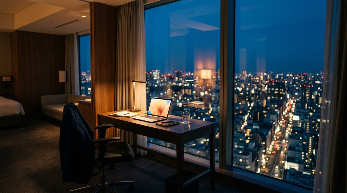 A hotel desk with an open laptop at dusk in front of a window overlooking city lights.