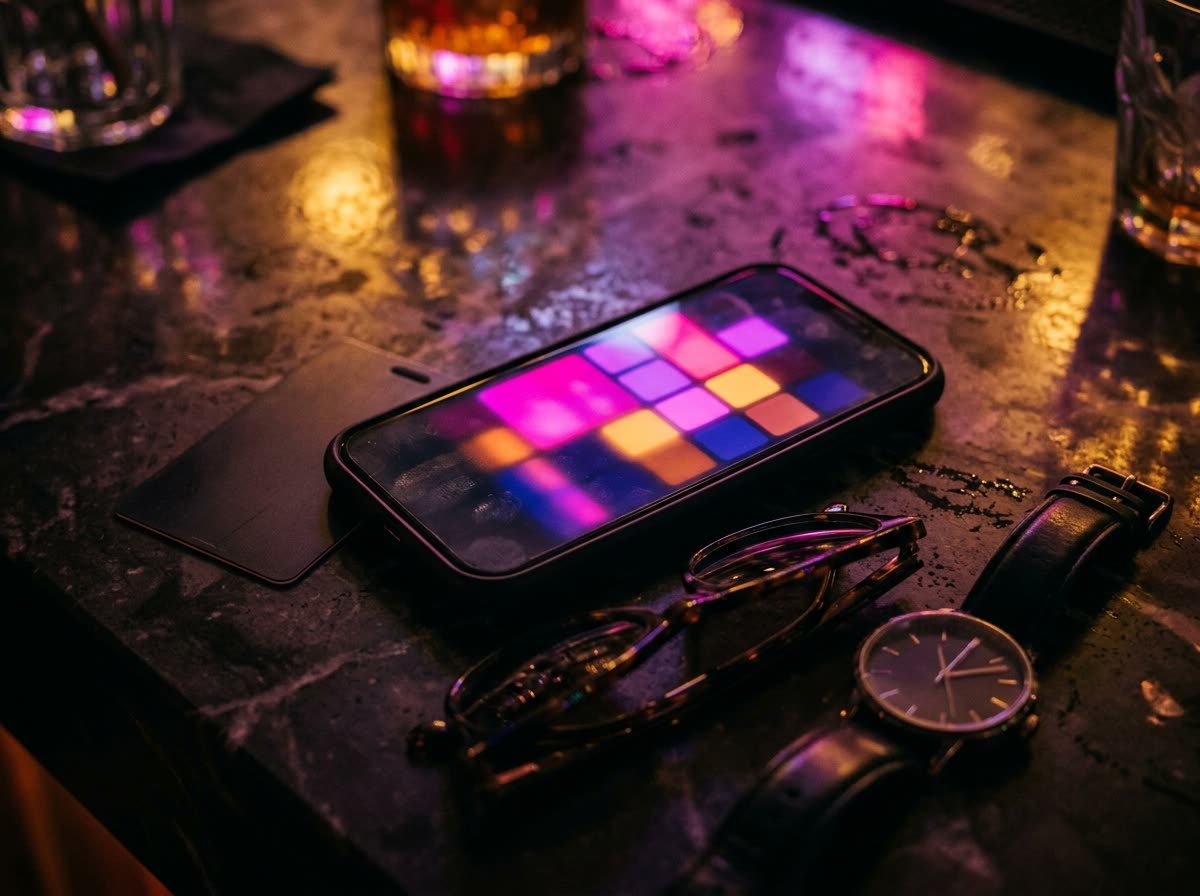 A phone on a counter showing an abstract grid of colored blocks beside a key card and watch.