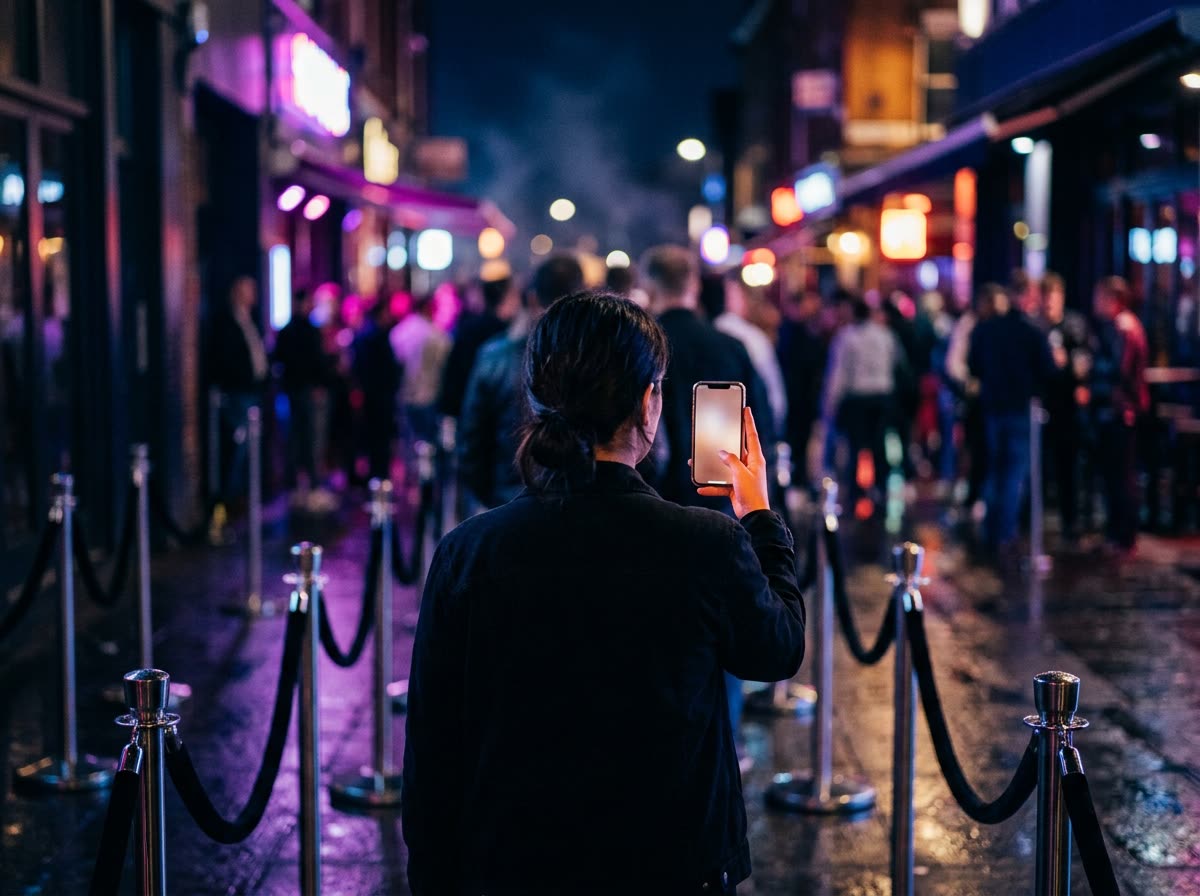 A person seen from behind in a rope-lined queue at night holding a glowing phone.